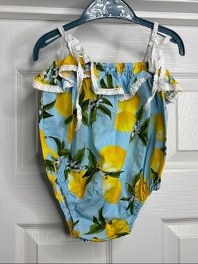 Girls Lemon Print Blue One-Piece Romper with Lace Trim